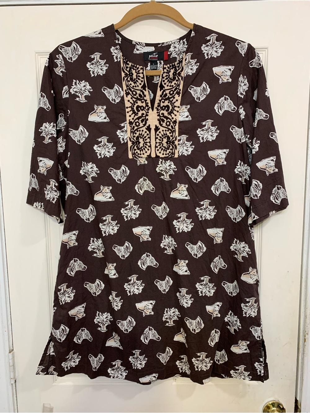 Patio by Cabernet Safari Brown Zebra, Lion, & Palm Tree Large Tunic Dress. 3038